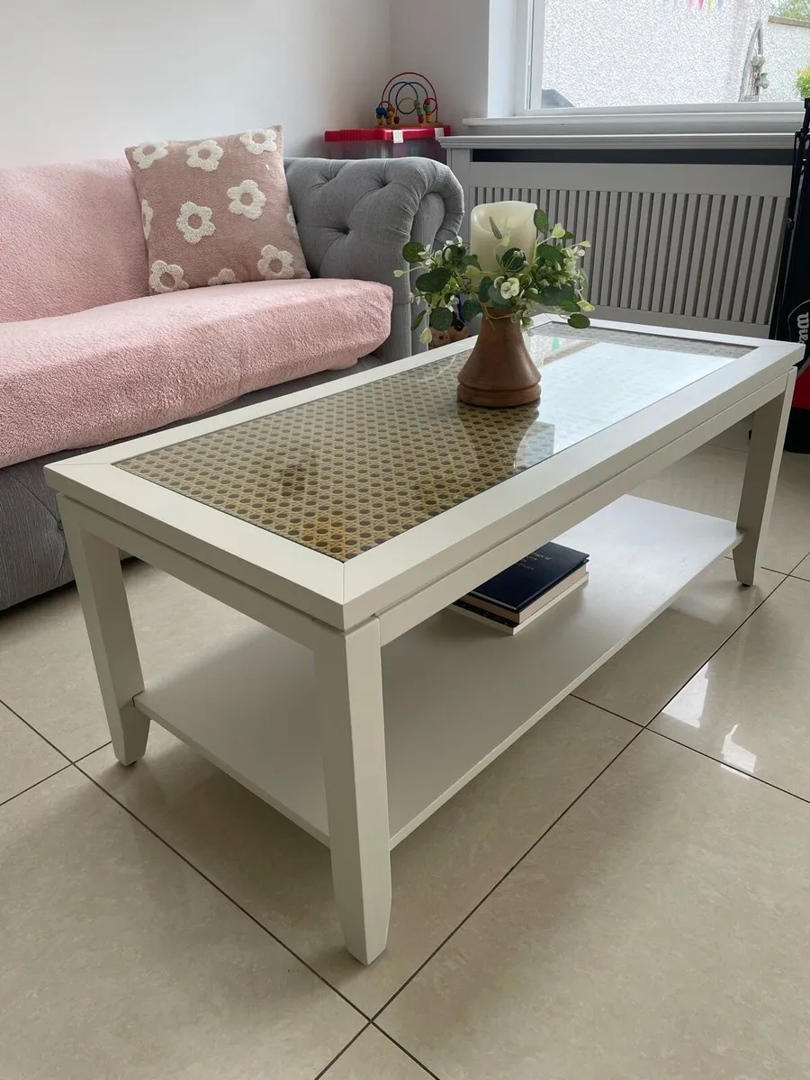 Glass topped coffee table with cane effect top - Image 4