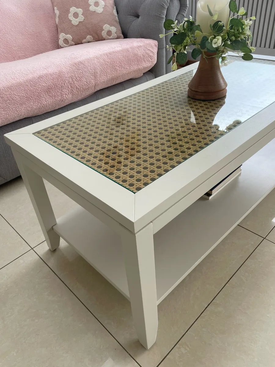 Glass topped coffee table with cane effect top - Image 2