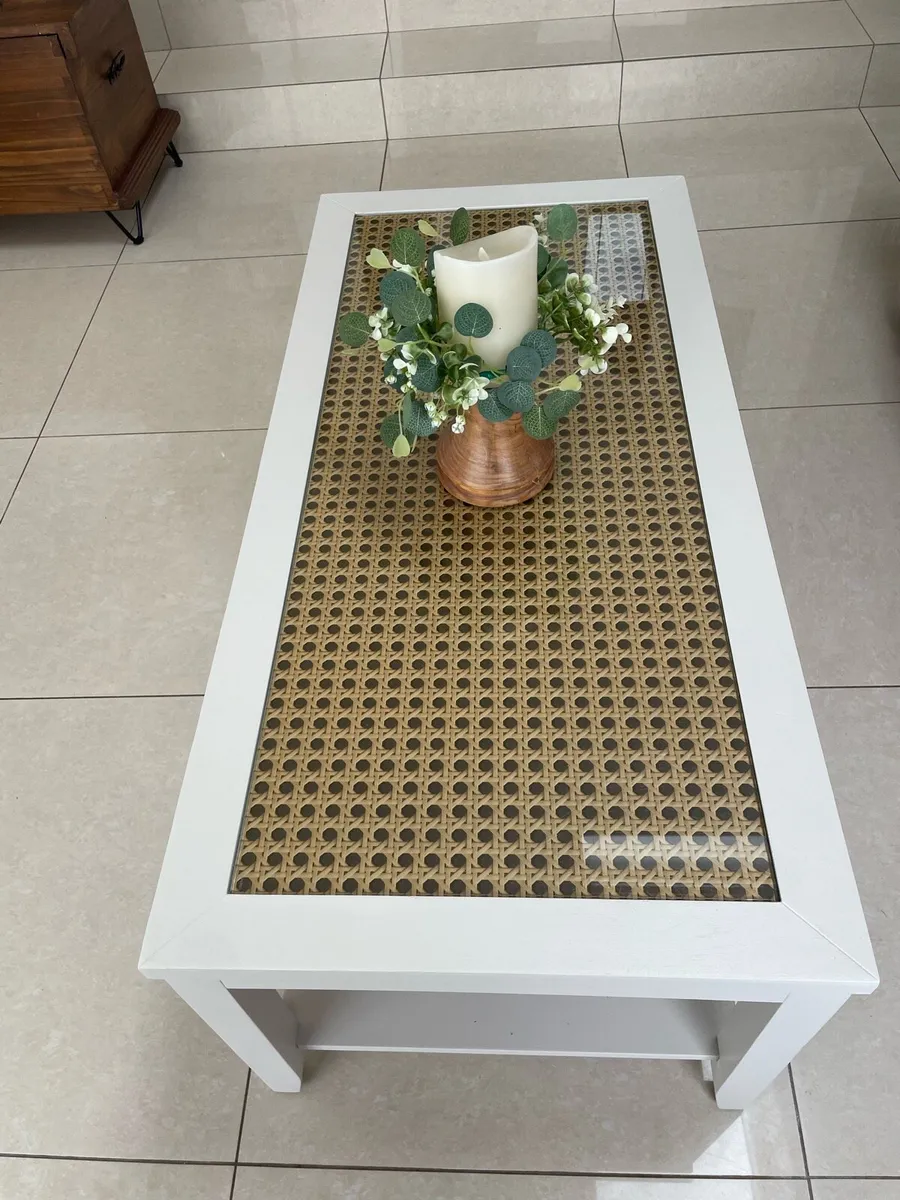 Glass topped coffee table with cane effect top - Image 3