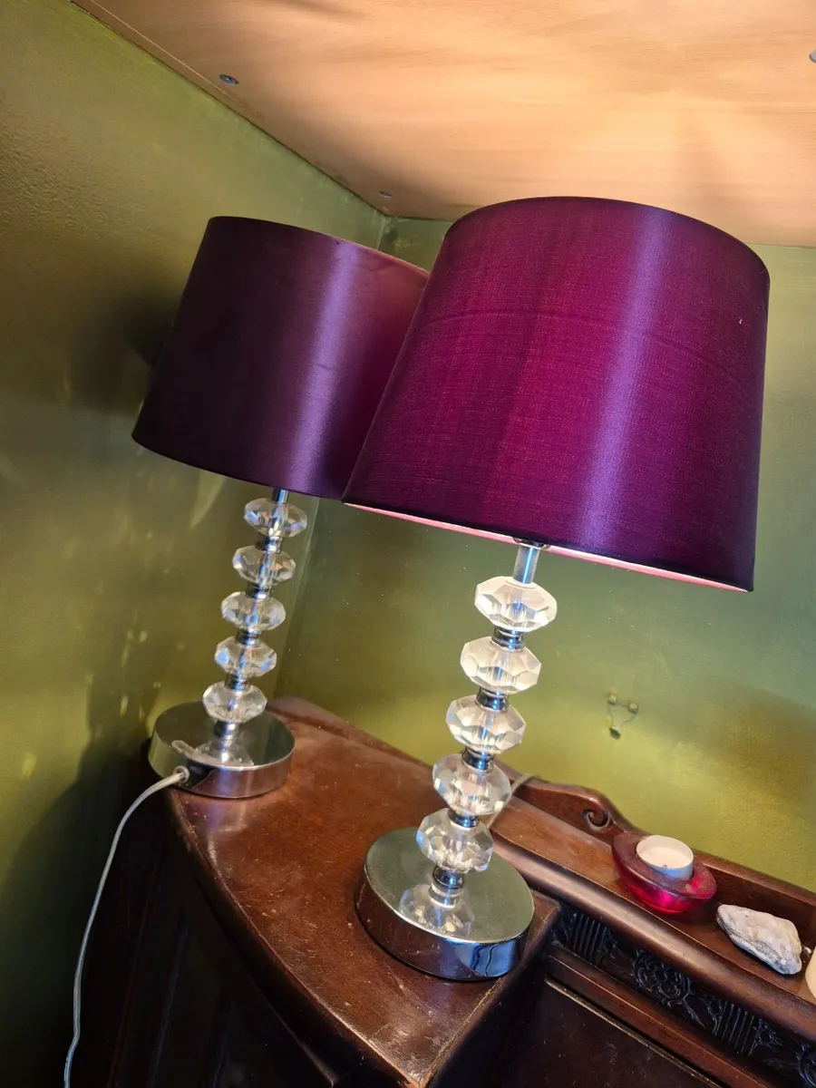 Pair Table Lamps - Crystal & Chrome with Plum Shad