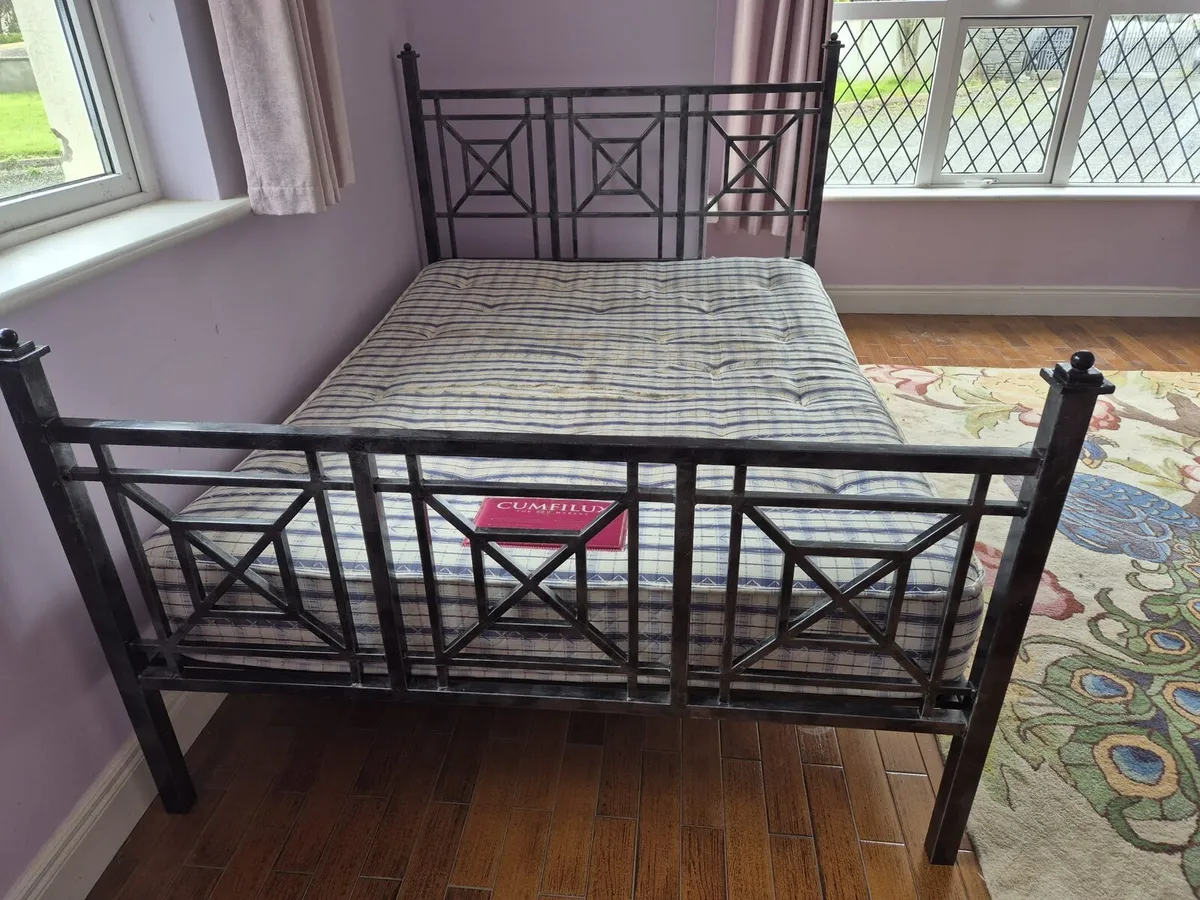 Metal double bed frame and mattress - Image 1