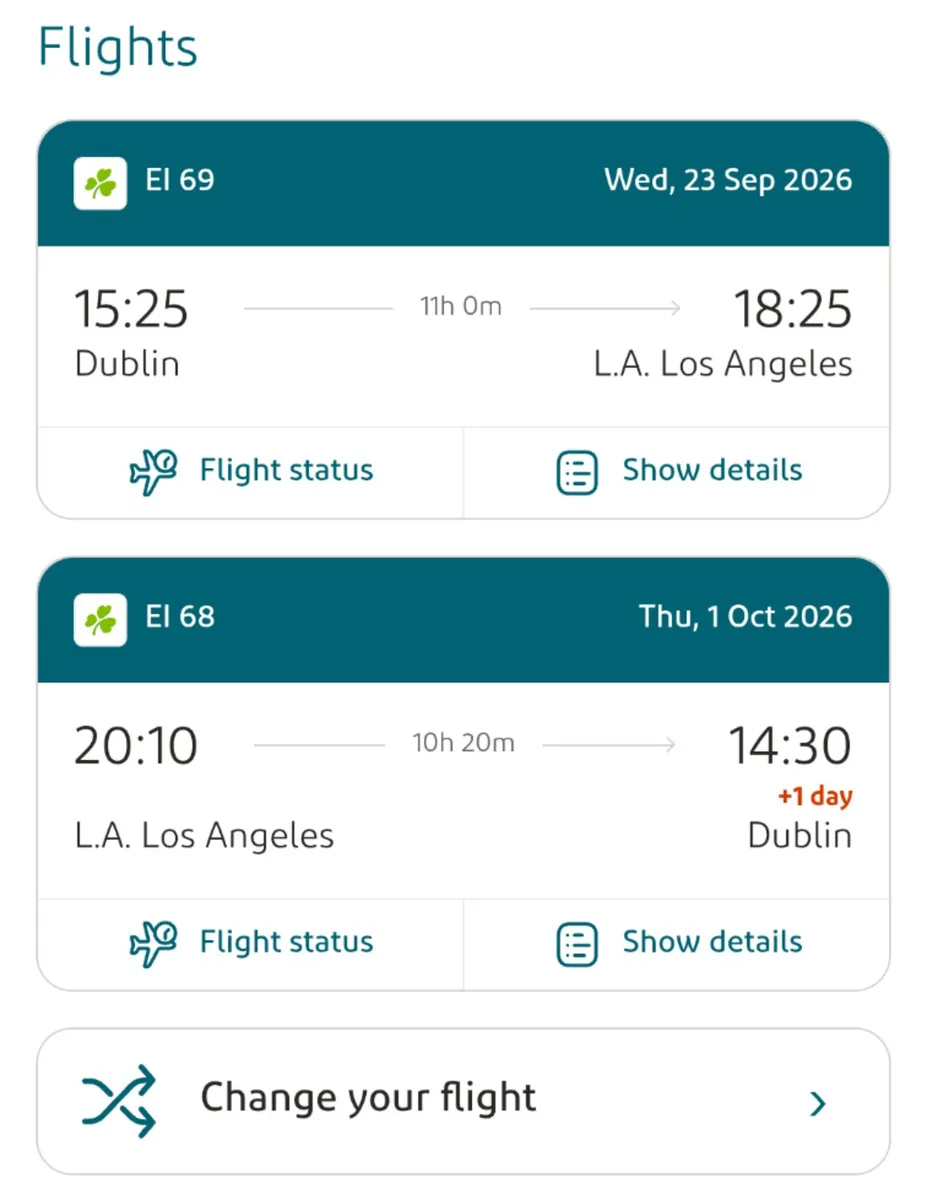 Aer lingus Dublin-Los Angeles 23 Sep-1 Oct 2026