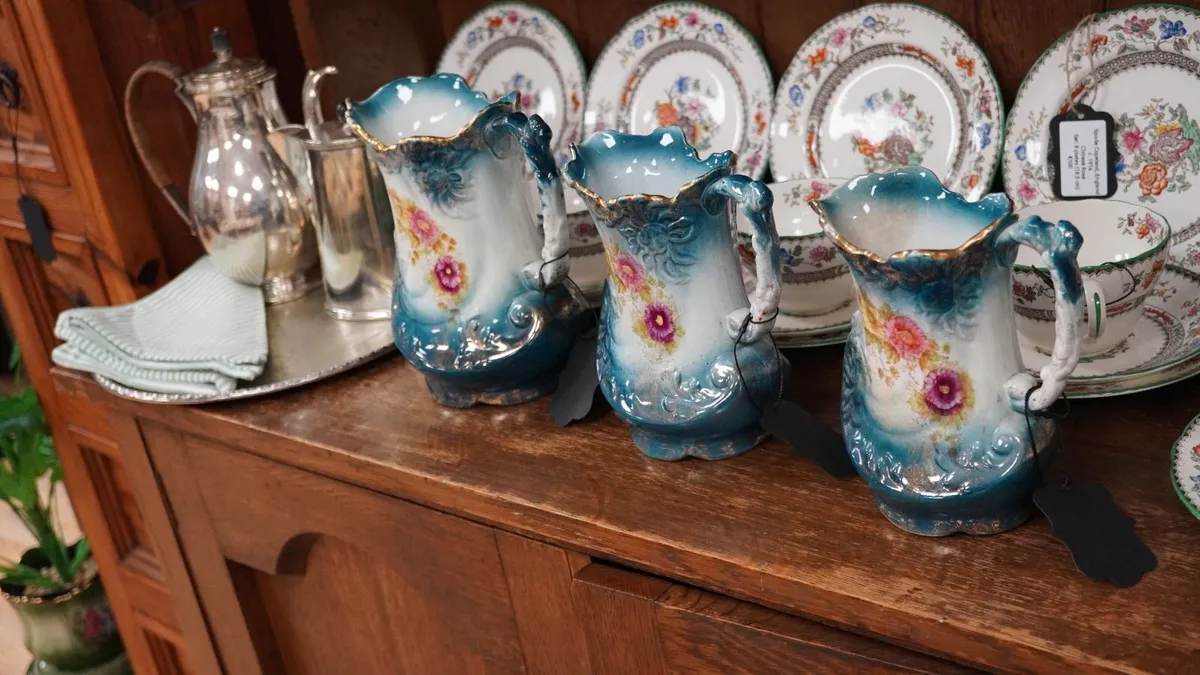 Victorian Turquoise Floral Ceramic Jugs - Image 2