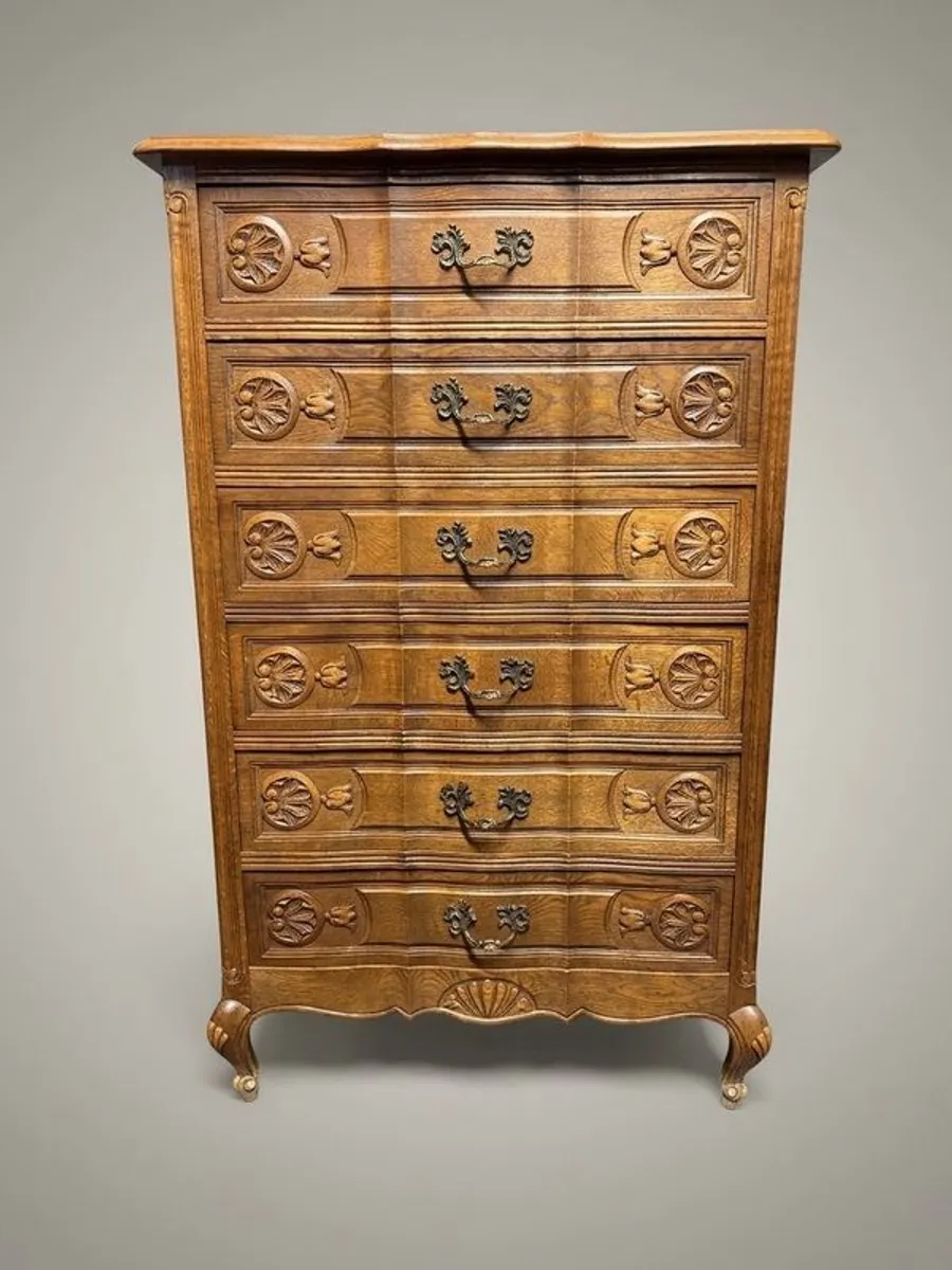 Louis XV Style Carved Oak French Tallboy - Image 1