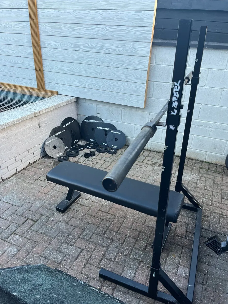 Squat Rack, Bench, Barbell, Weights, Clips - Image 1
