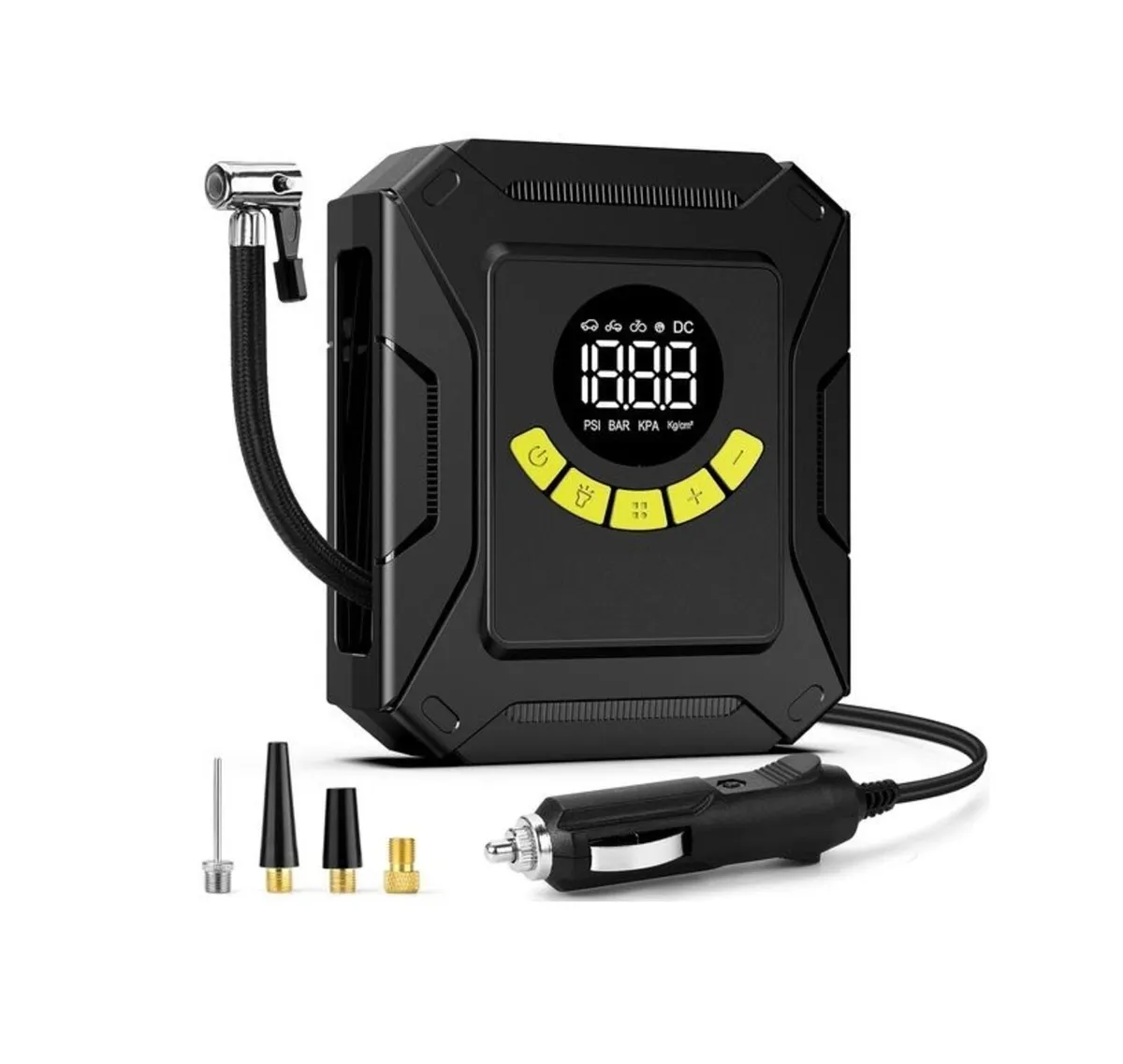 Digital Tyre Inflator, Pump with 4 Nozzle Adaptors
