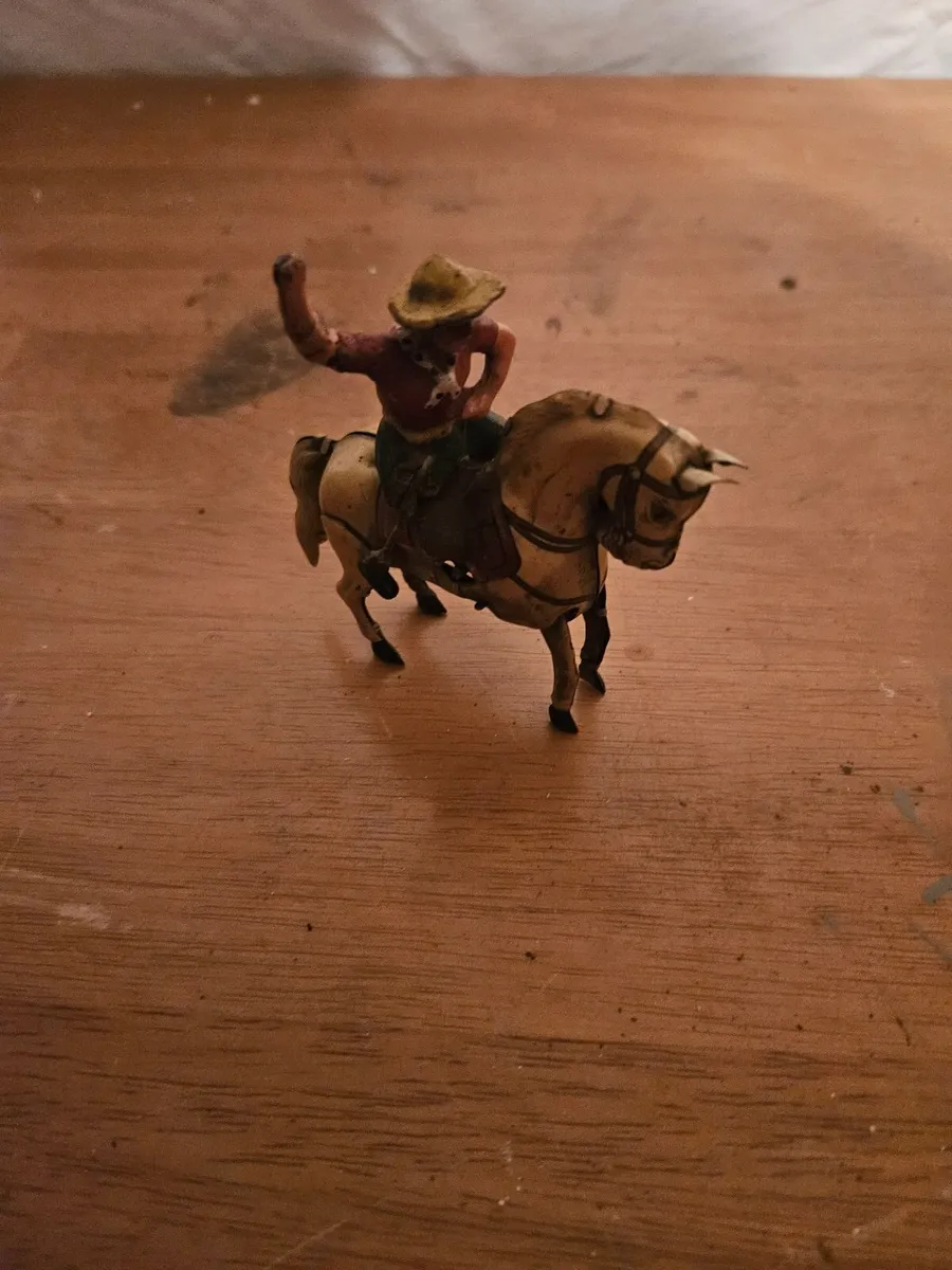 Vintage Tinplate Clockwork Cowboy on Horse Back Ma - Image 1