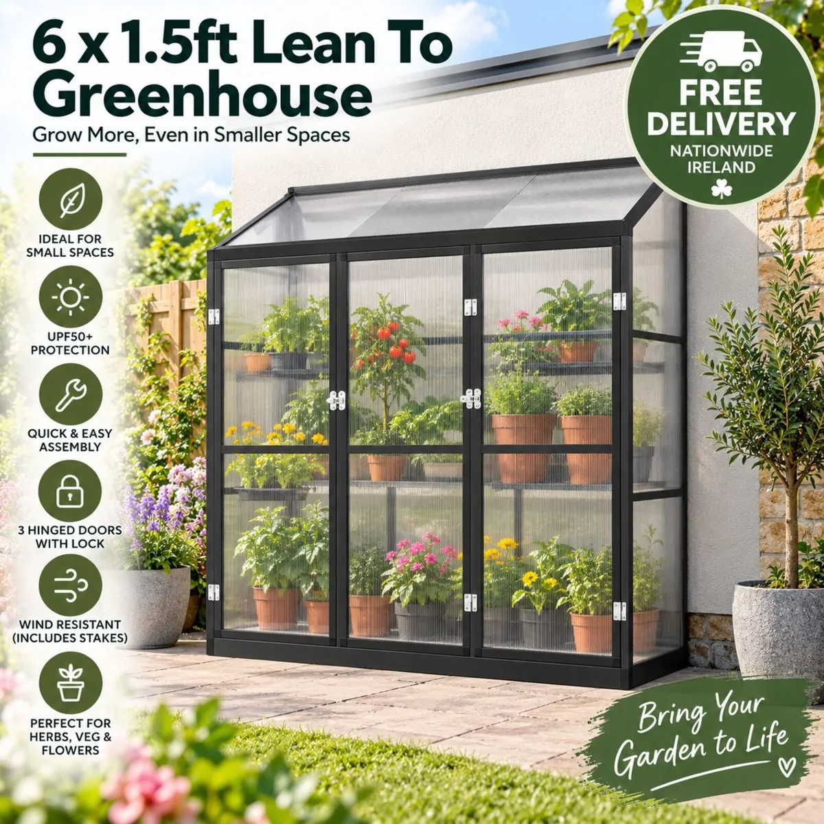 6 x 1.5ft Lean To Polycarbonate Greenhouse – Black - Image 1