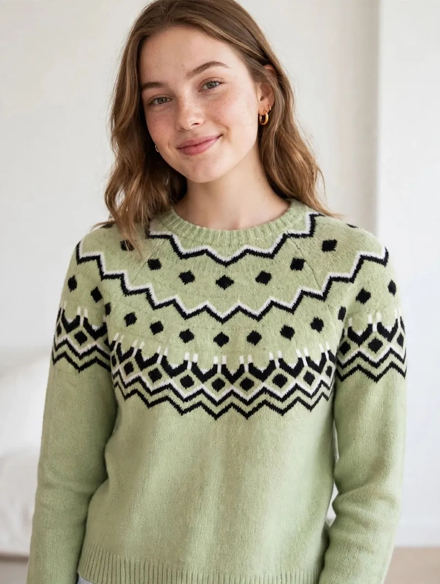 Sage Green Fair Isle Nordic Jumper - Image 1