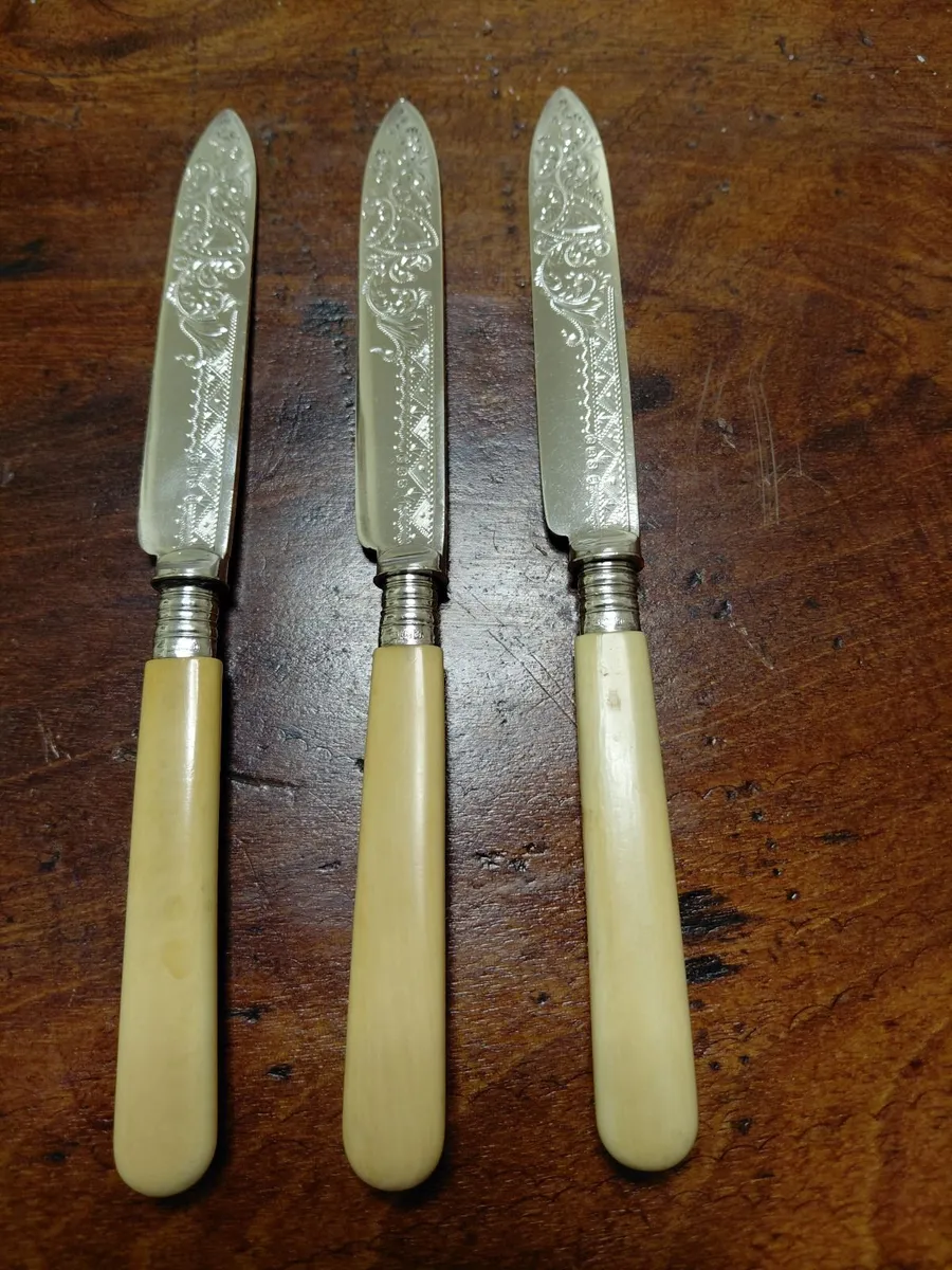 Antique Engraved Table Knives Set of 3 - Image 1