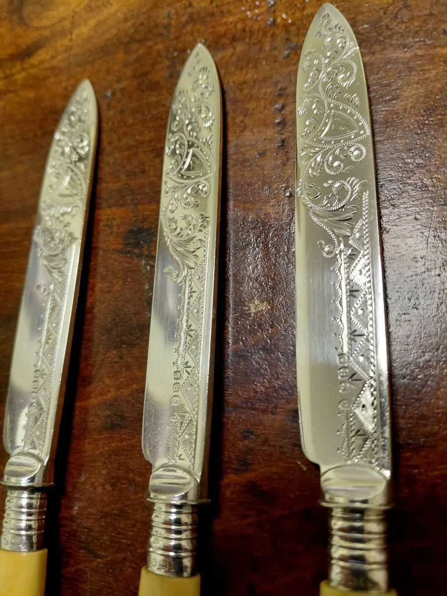 Antique Engraved Table Knives Set of 3 - Image 2