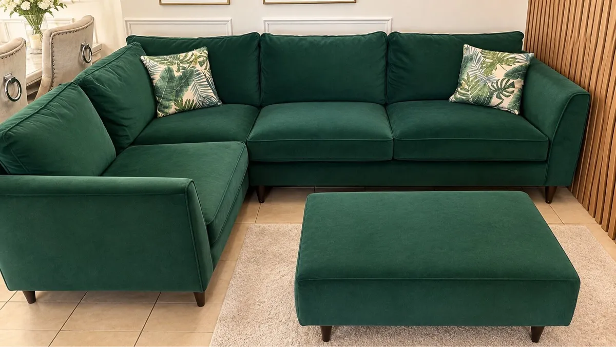 Emerald Green Velvet L Shape Couch & Footstool