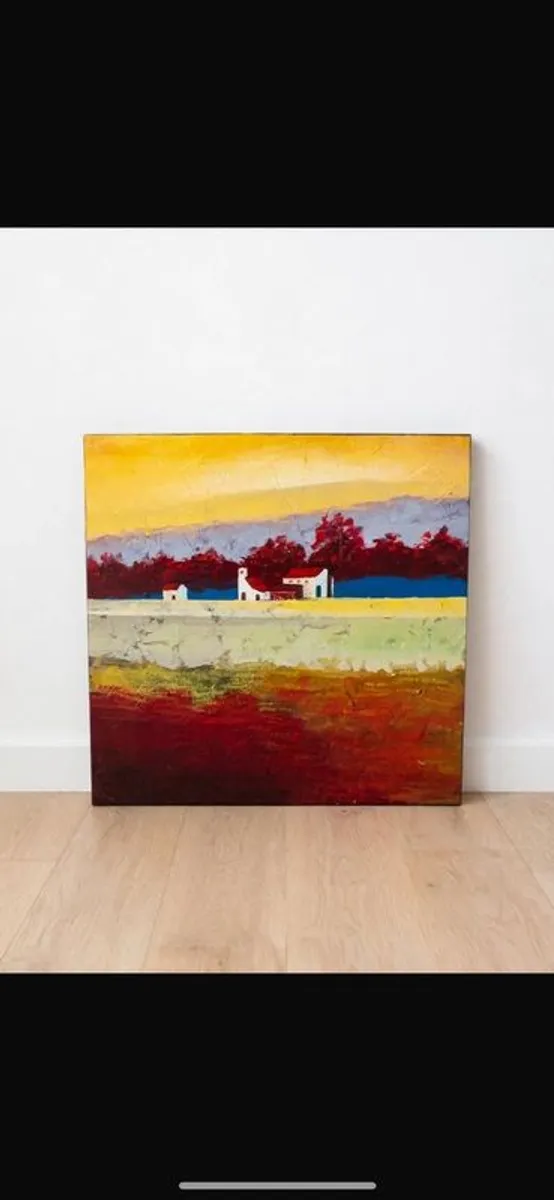 Abstract Landscape Canvas - Tuscan Farmhouses / Yellow Sky Textured Painting - Image 1
