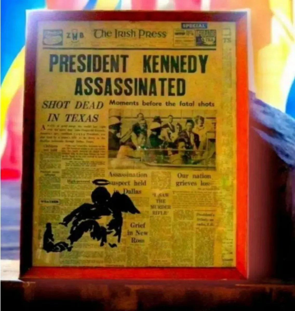 Framed Vintage JFK Assassination Newspaper Art - Image 1
