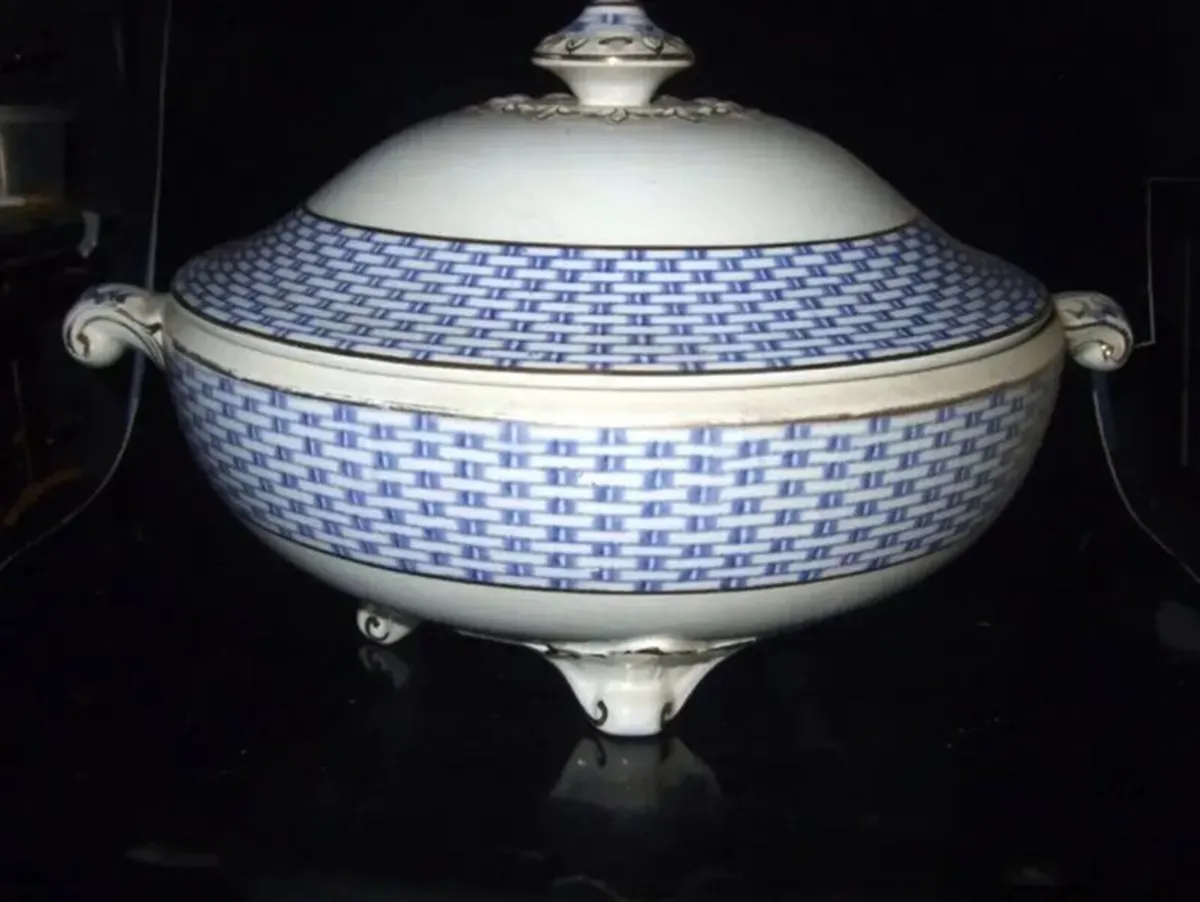 Antique Soho Pottery "Montauban" Blue Basket-Weave - Image 4