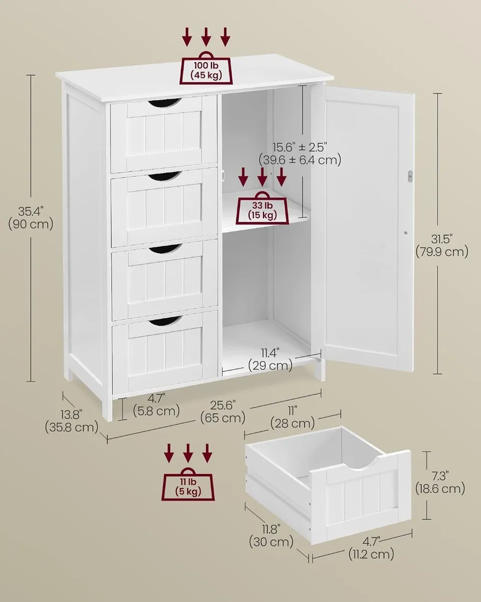 Bathroom Floor Storage Cabinet Wooden Unit with 4 - Image 3