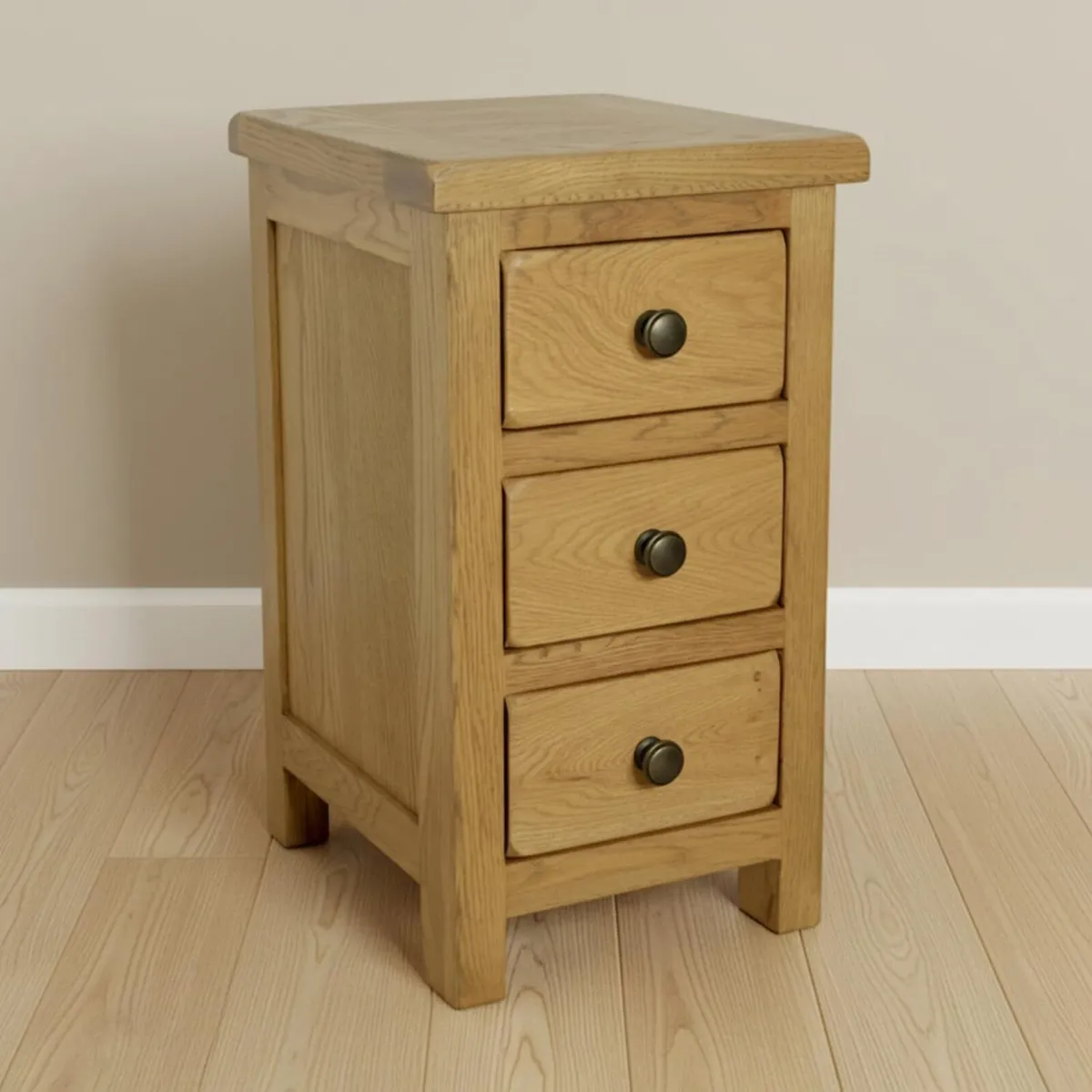 Solid Oak Bedside Table 3 Drawer Slim Cabinet - Image 3