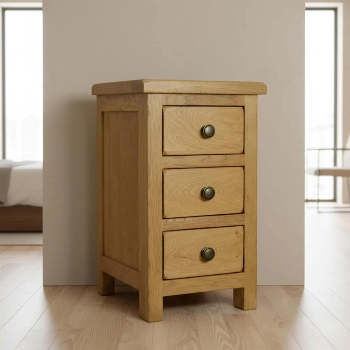 Solid Oak Bedside Table 3 Drawer Slim Cabinet - Image 4