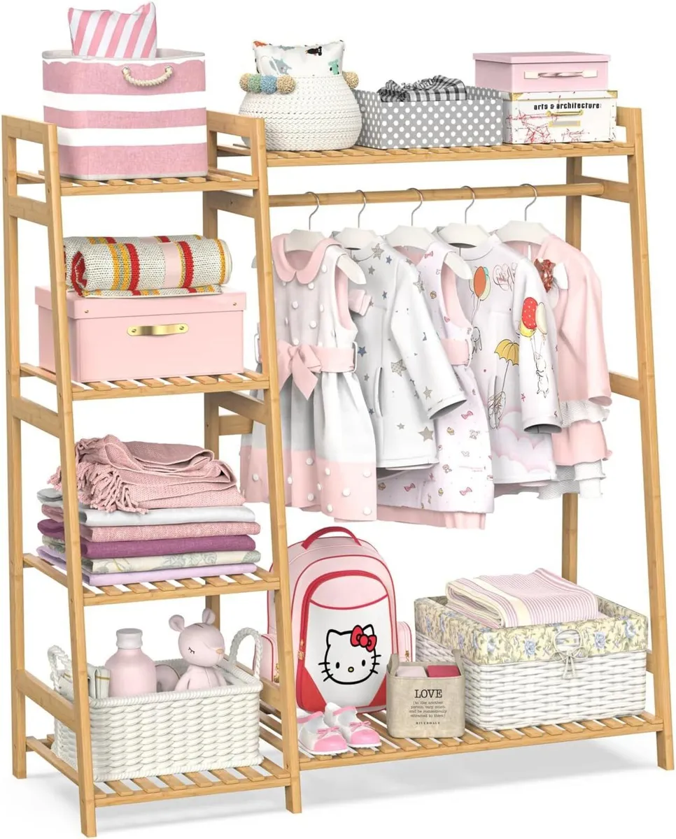 Kids Clothing Rack with Shelves Bamboo Clothes - Image 1