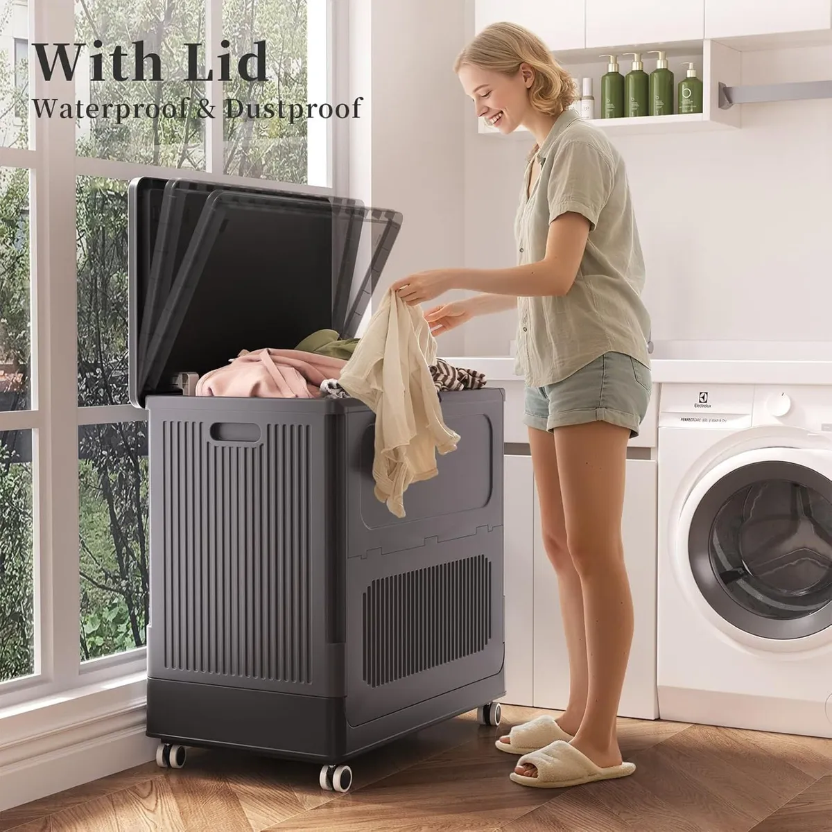 Plastic Laundry Basket with Lid 50L Washing - Image 3