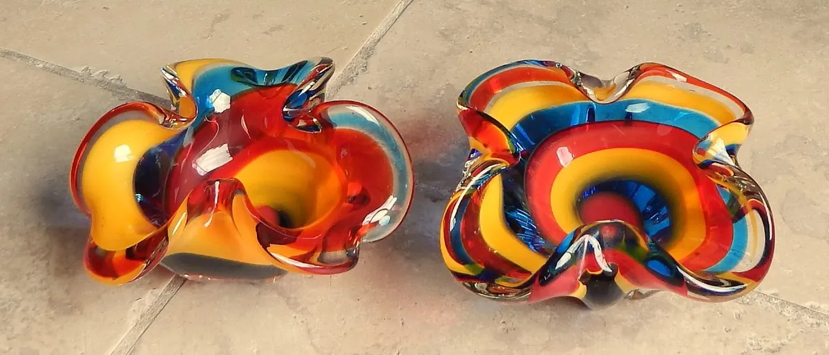 2 Folded Rim Glass Artwork Hand Made Bowls - Image 1