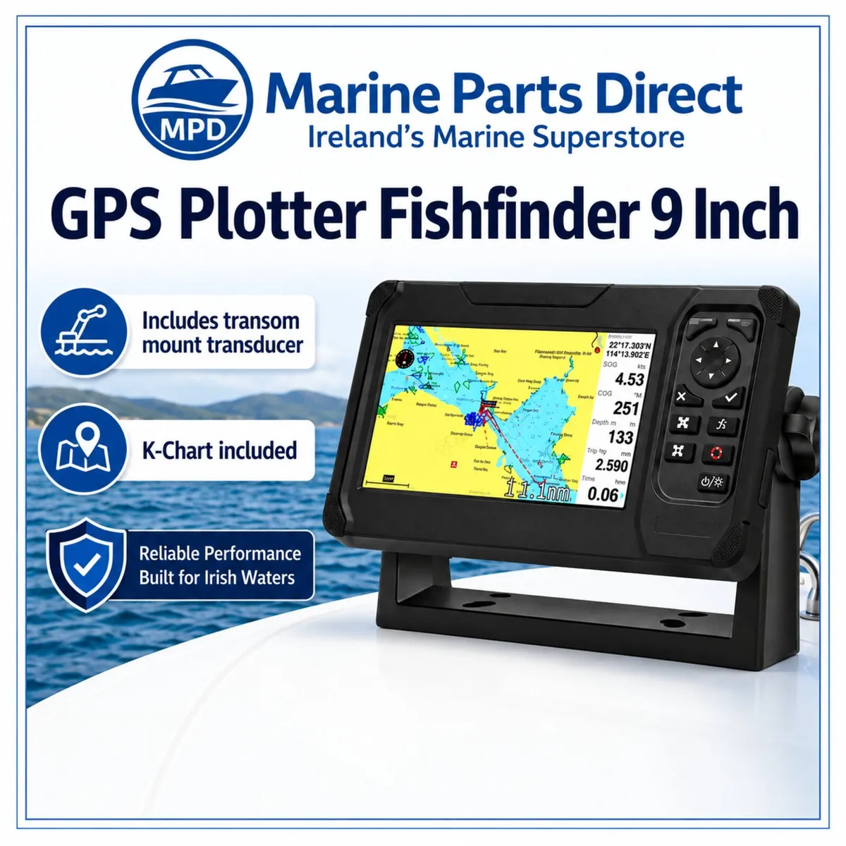 GPS-PLOTTER-FISHFINDER 9 INCH inc transom mount tr - Image 1