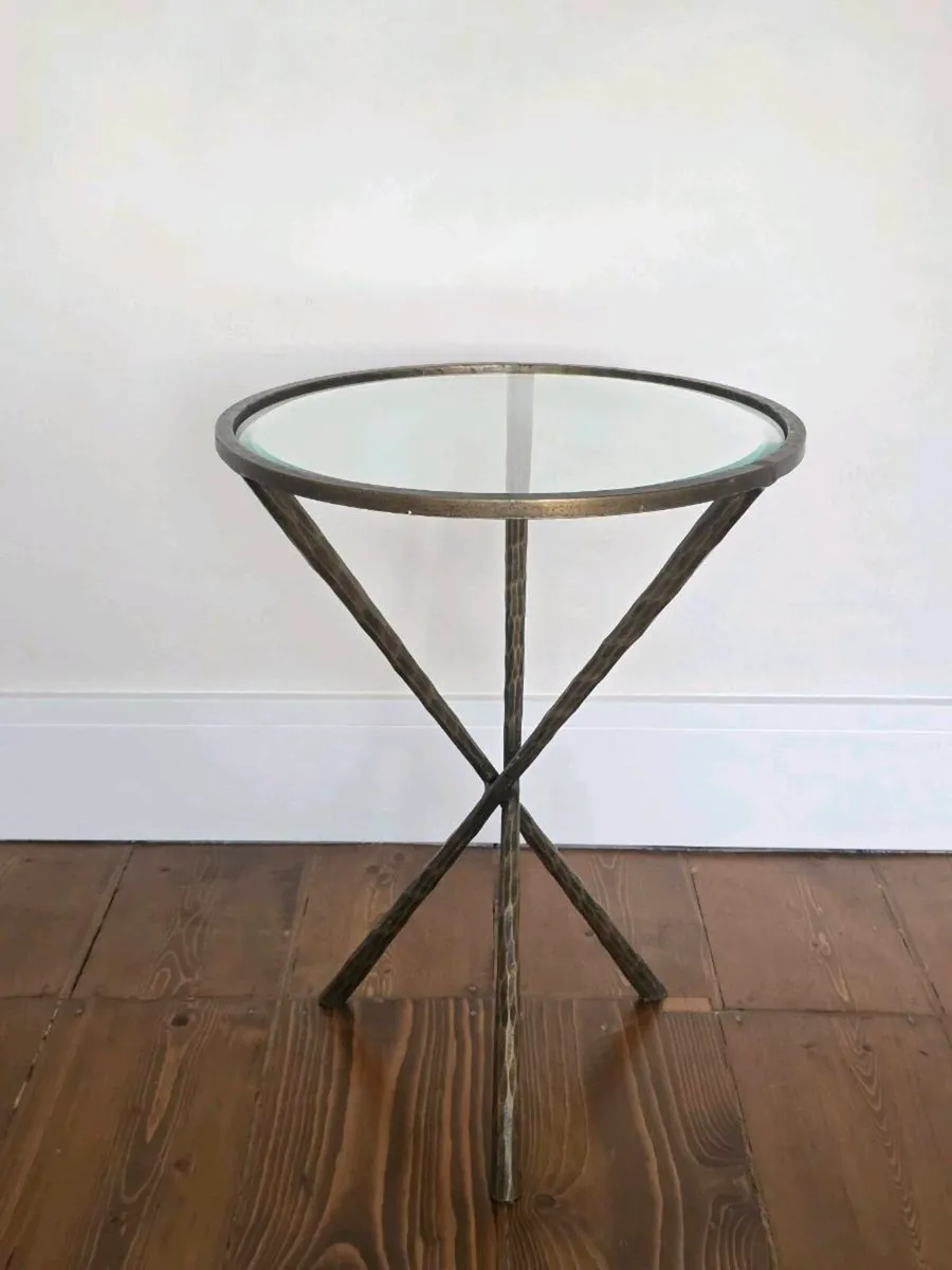 Glass Side Table - Antique Brass Hammered Metal - Image 2