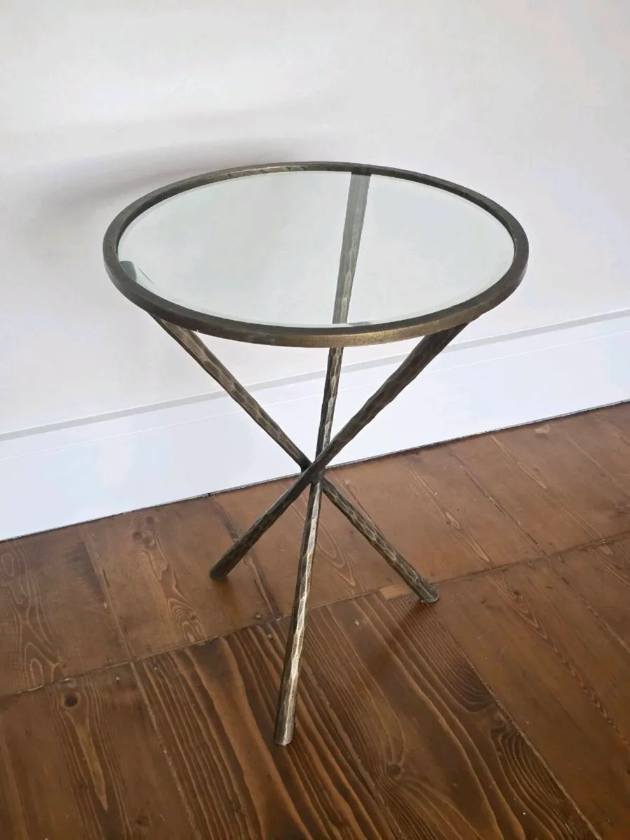 Glass Side Table - Antique Brass Hammered Metal - Image 3