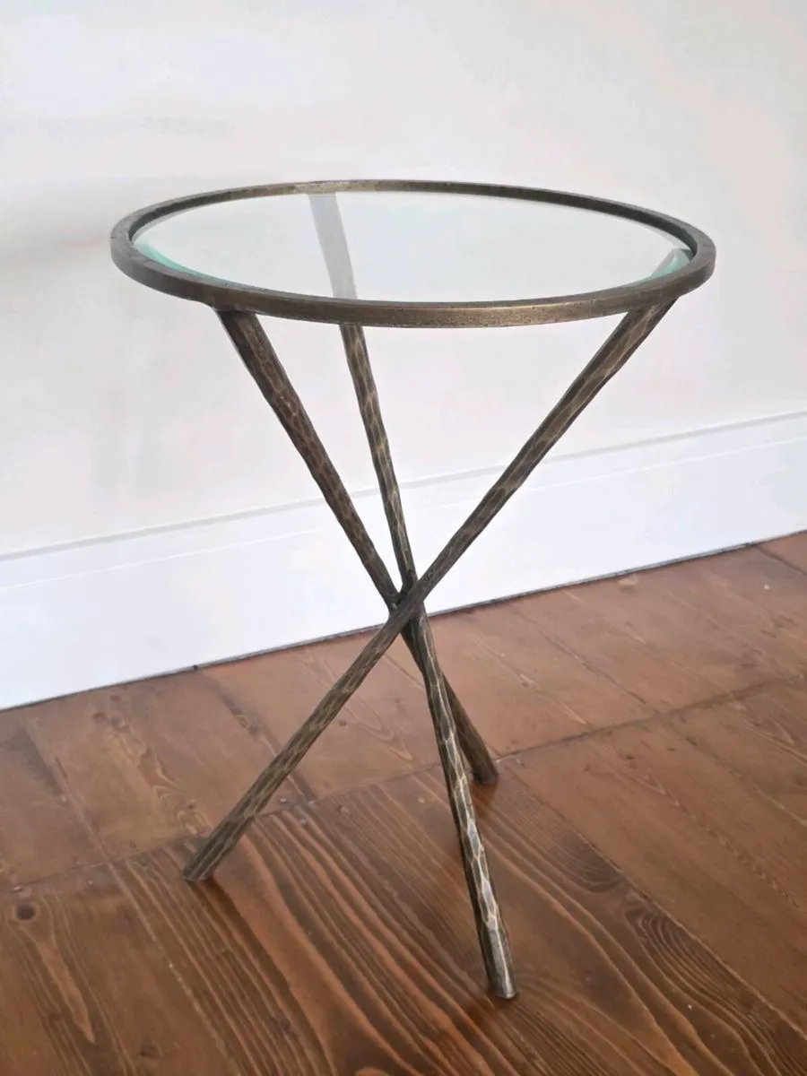 Glass Side Table - Antique Brass Hammered Metal - Image 1