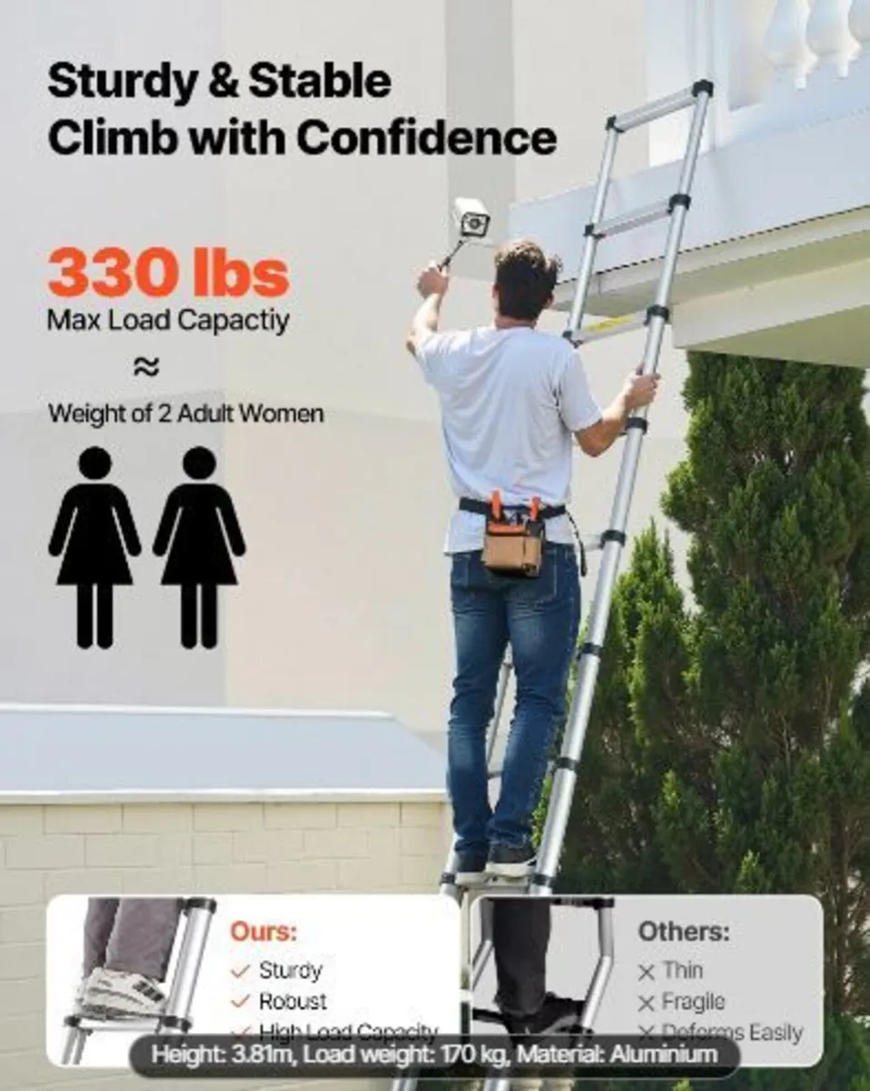 3.8m Telescoping Ladder, Aluminum - Image 3