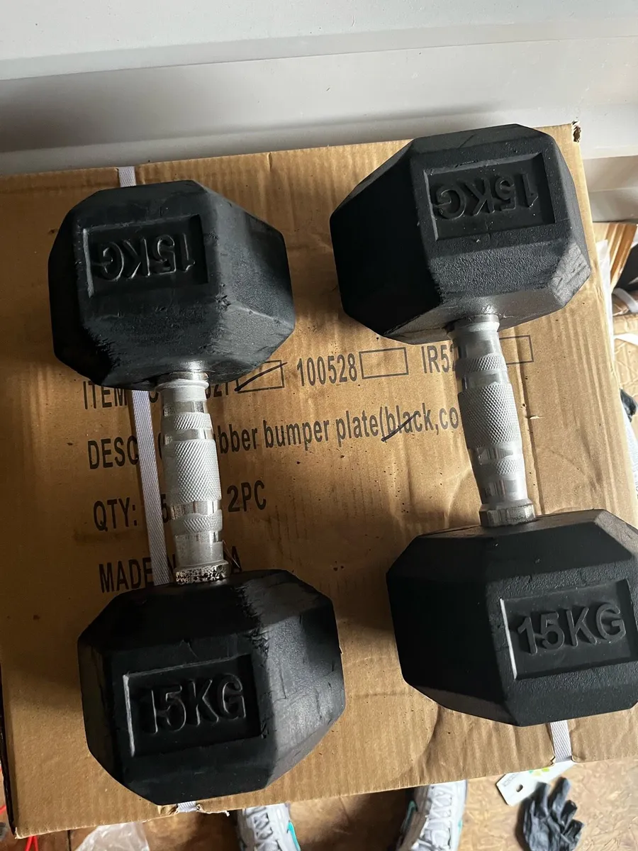 2x15kg hex rubber dumbbells - Image 1