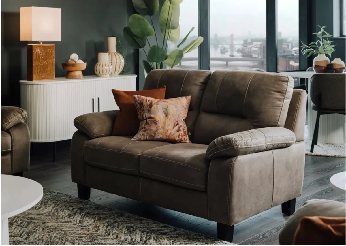 2 Seater Taupe Faux Suede Fabric Sofa (New) - Image 1