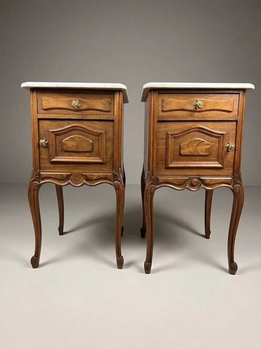 Exceptional Pair of Early 20th-Century Walnut & Marble-Top Bedside Cabinets - Image 1