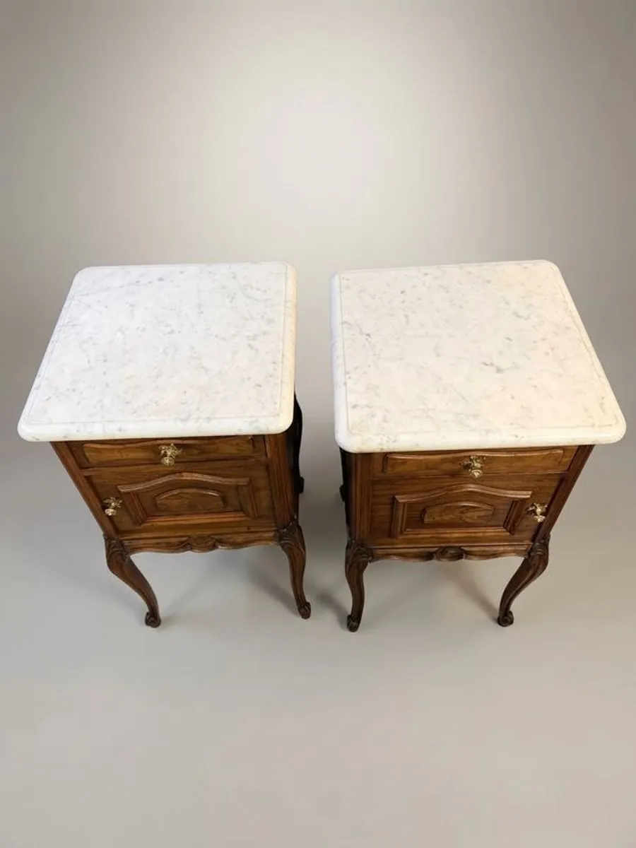Exceptional Pair of Early 20th-Century Walnut & Marble-Top Bedside Cabinets - Image 2