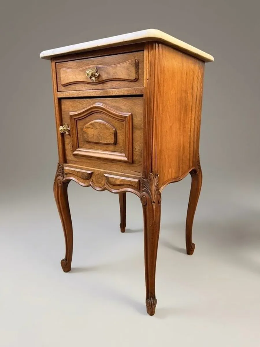 Exceptional Pair of Early 20th-Century Walnut & Marble-Top Bedside Cabinets - Image 3