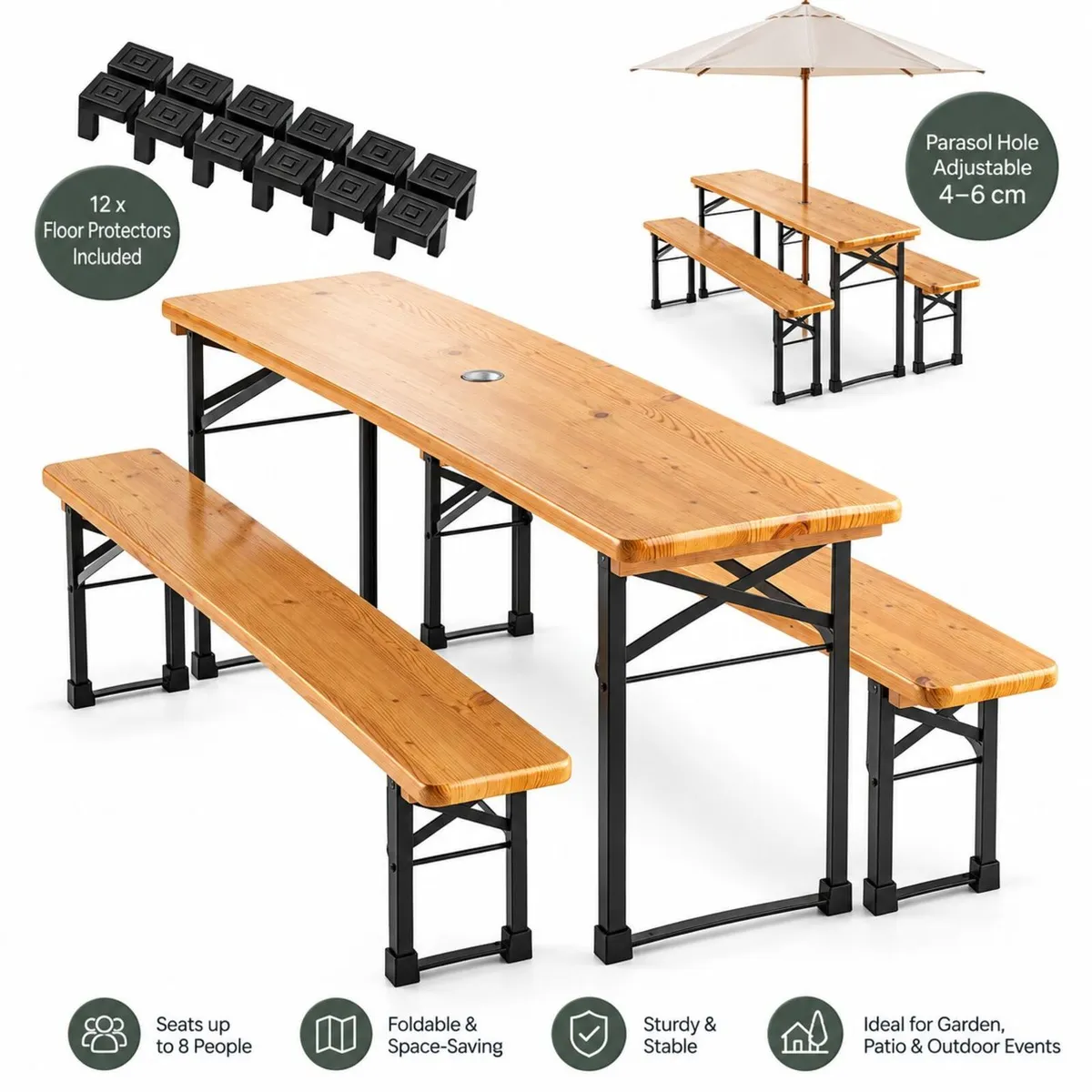 Wooden Picnic Table with 2 Benches – Foldable Outd - Image 1