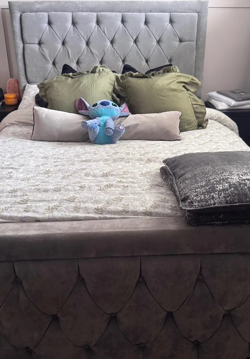 Grey Double Bed Frame 4ft6 with headboard detailin - Image 1