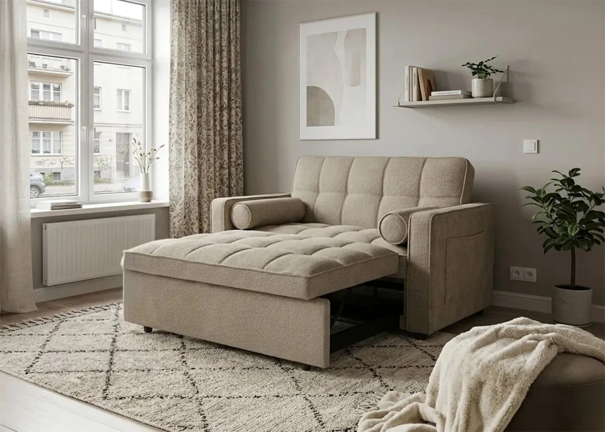 🛋️ Small Beige Sofa Bed – Only 118cm Wide - Image 1
