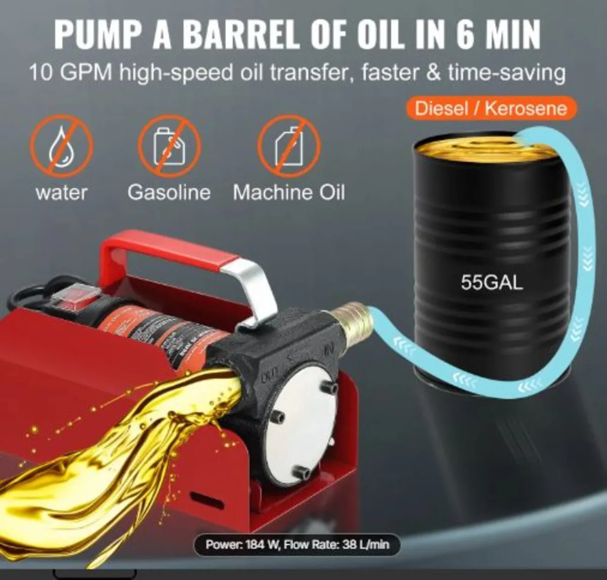 Fuel Transfer Pump, 12V DC 37.9 LPM 798.6 cm Lift, - Image 4