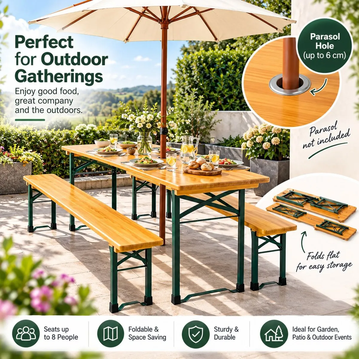 Wooden Folding table and two benches picnic set (3 - Image 3