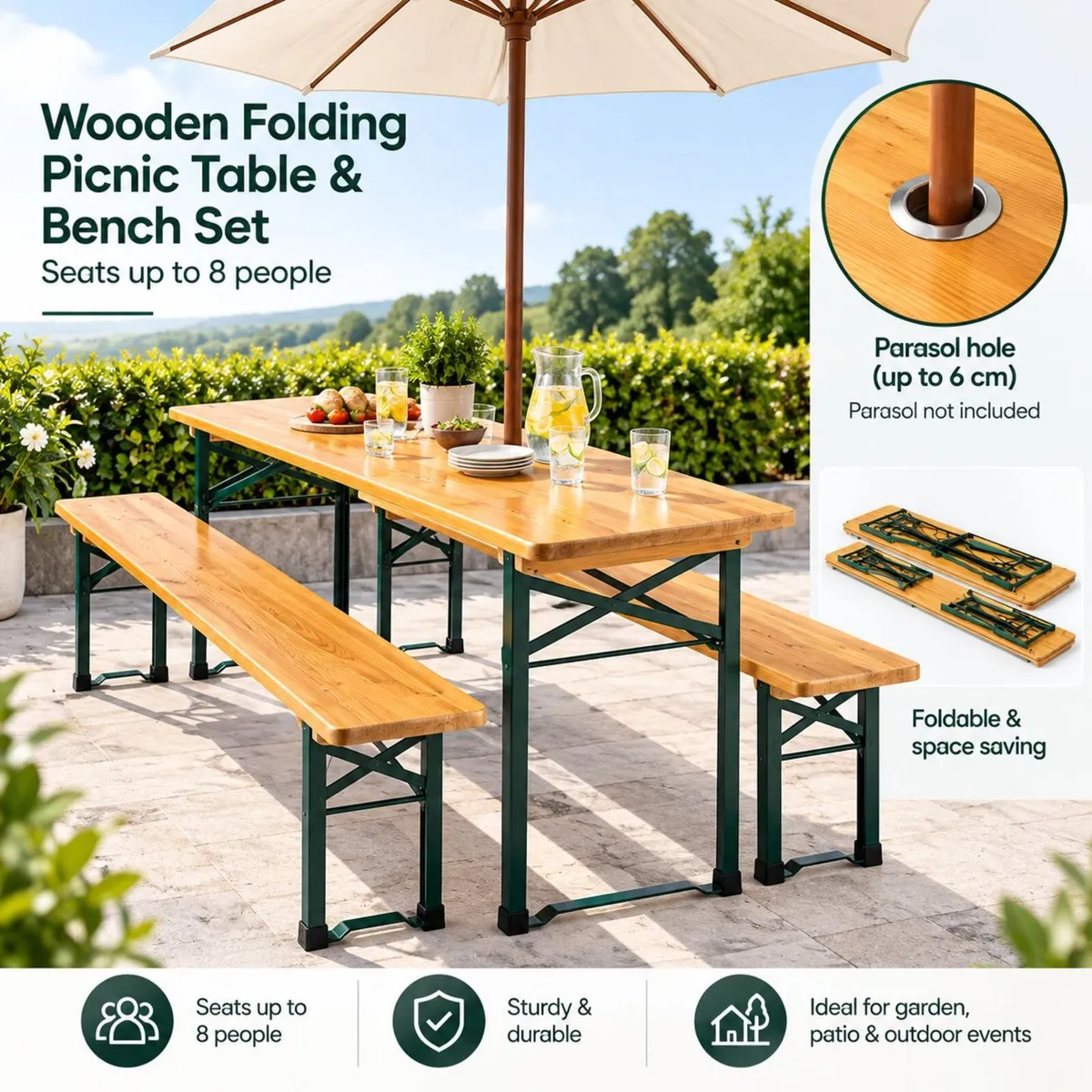 Wooden Folding table and two benches picnic set (3 - Image 1