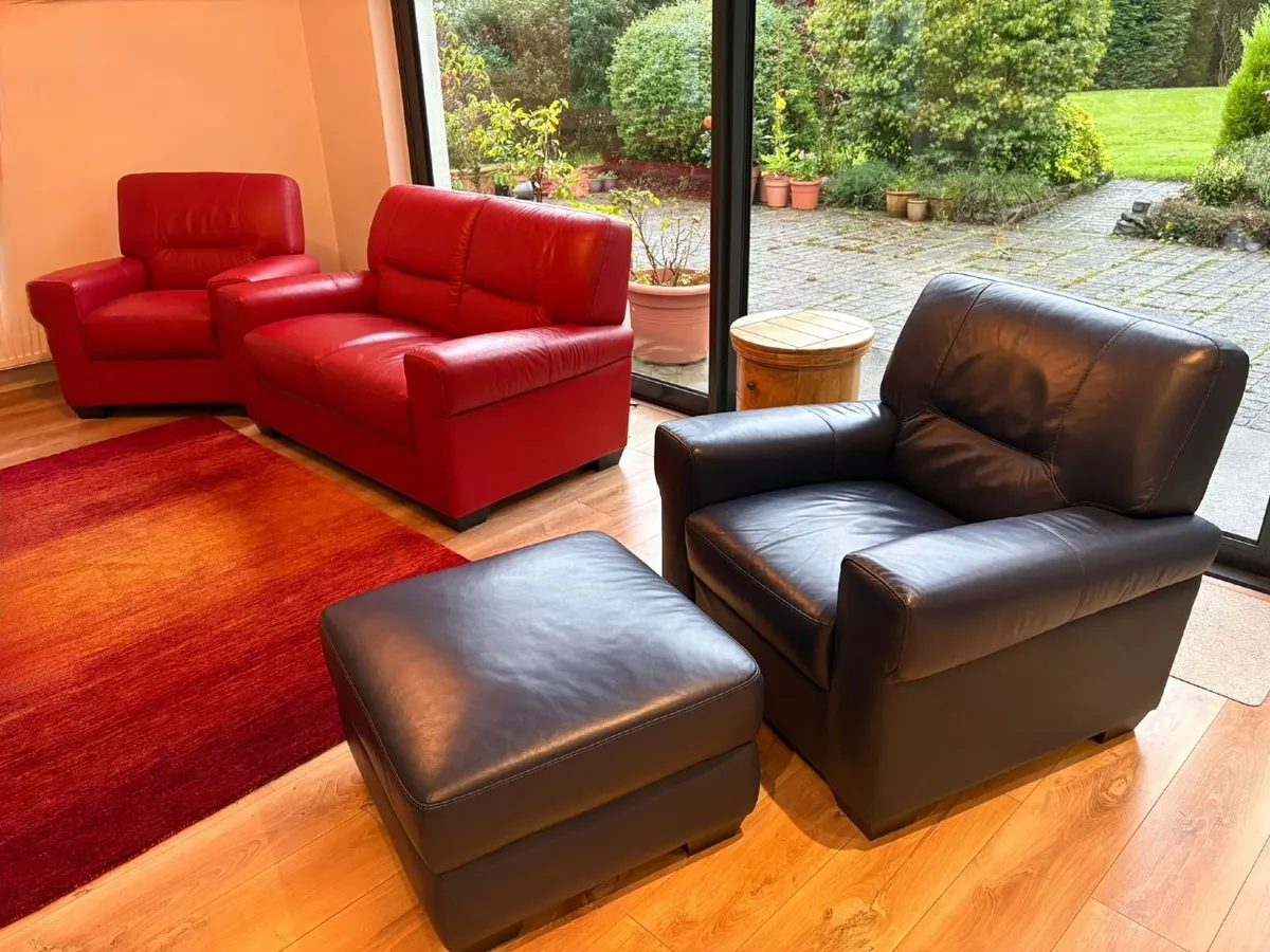Leather Sofa and Chair with Footstool - Image 1