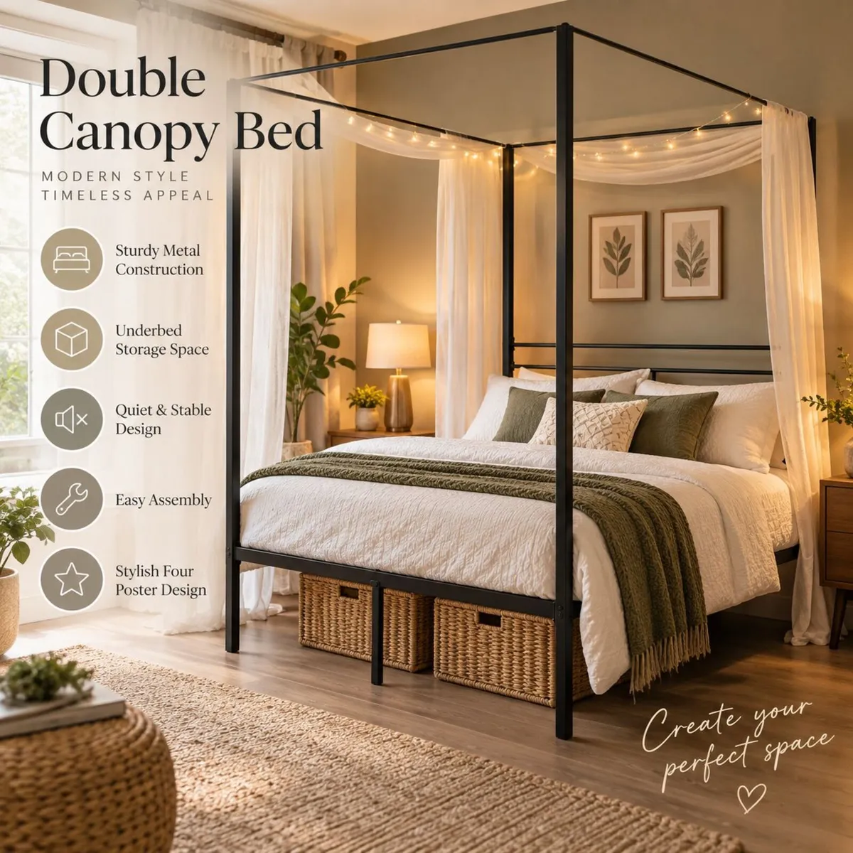 Black Metal Double Four Poster Canopy Bed Frame - Image 1