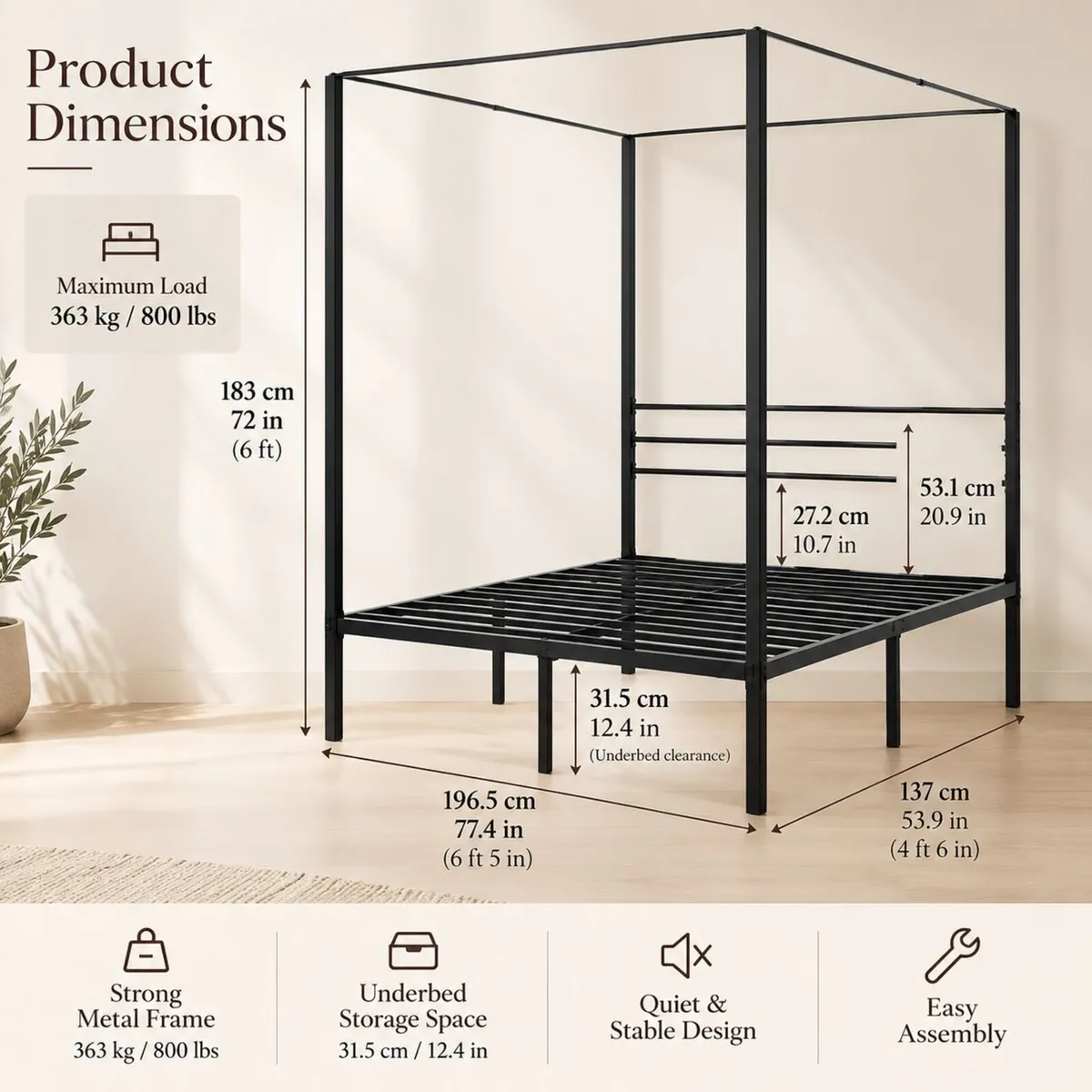 Black Metal Double Four Poster Canopy Bed Frame - Image 3