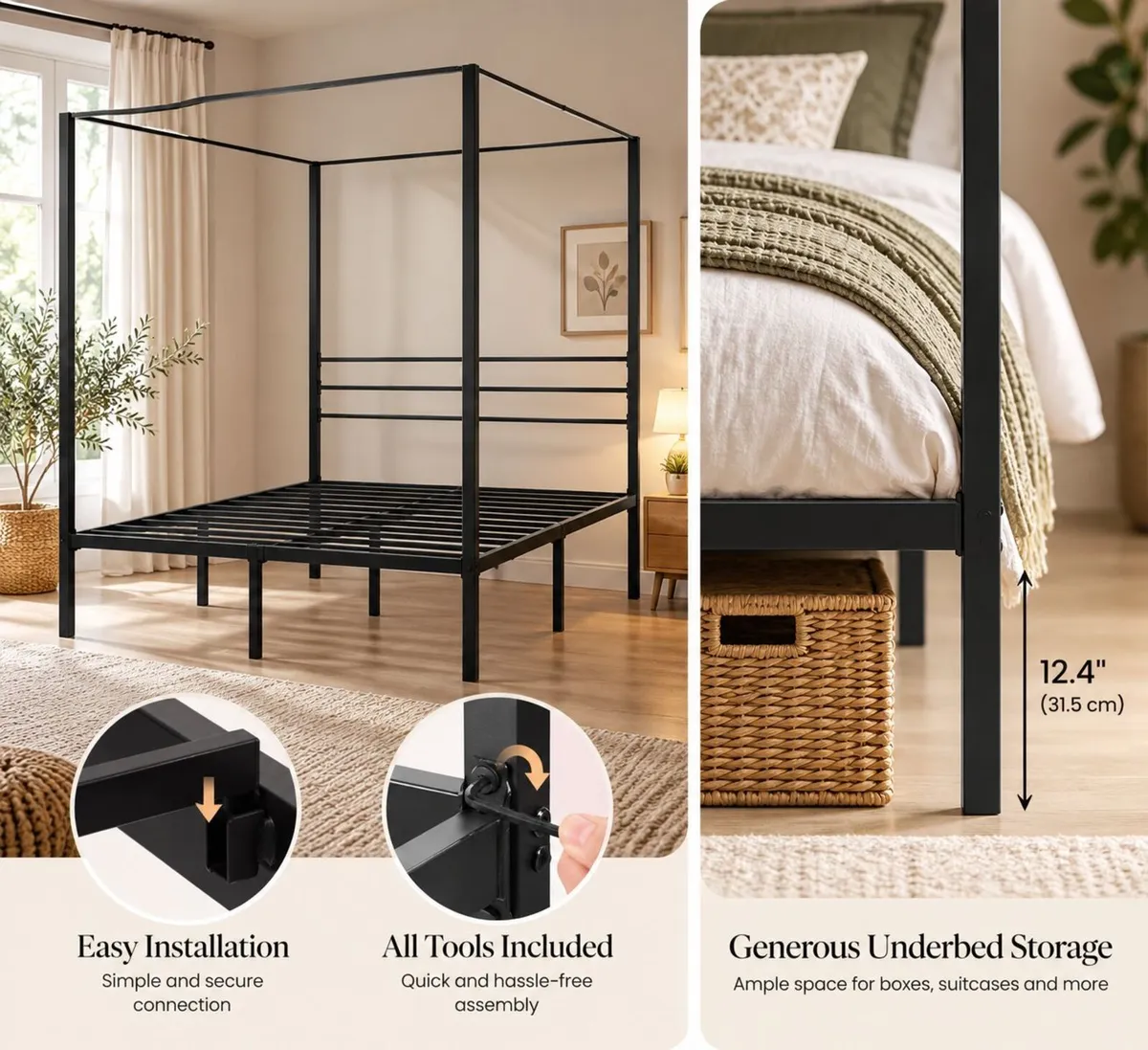 Black Metal Double Four Poster Canopy Bed Frame - Image 4
