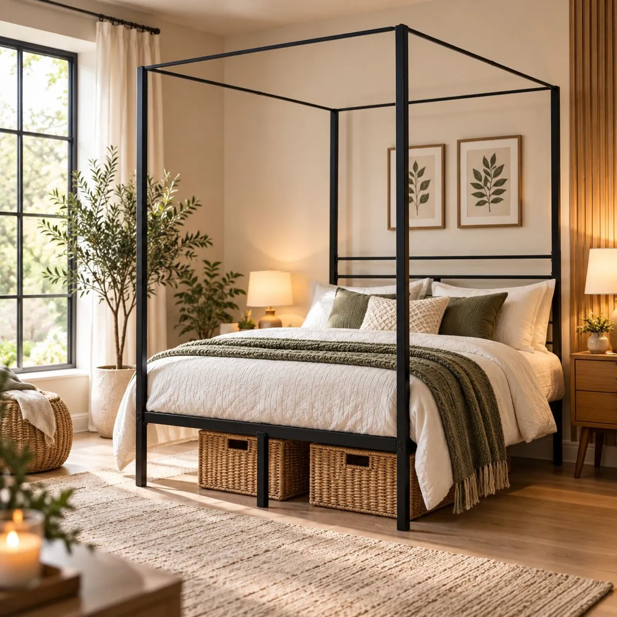 Black Metal Double Four Poster Canopy Bed Frame - Image 2