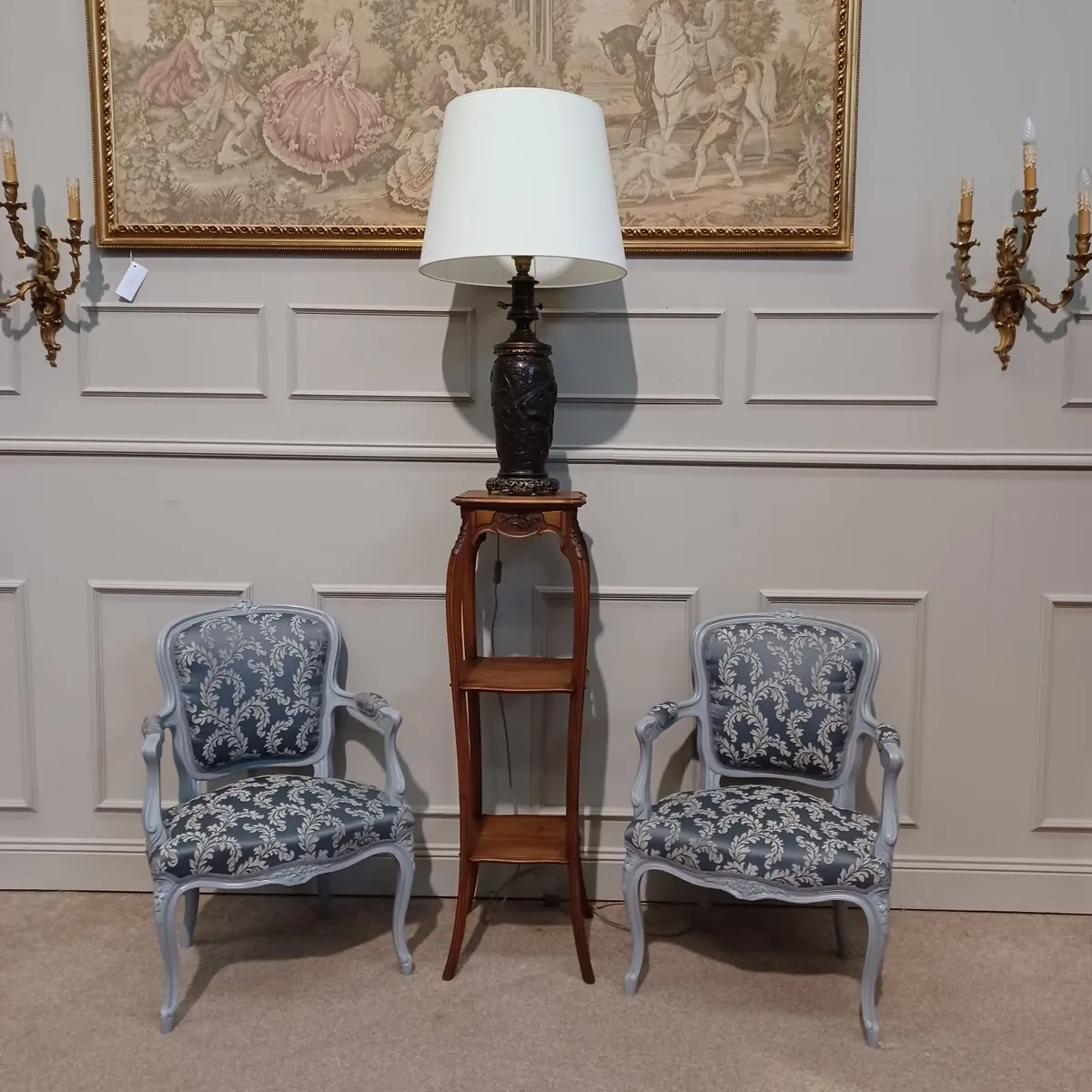 Two grey armchairs, a plant stand, and a lamp - Image 1