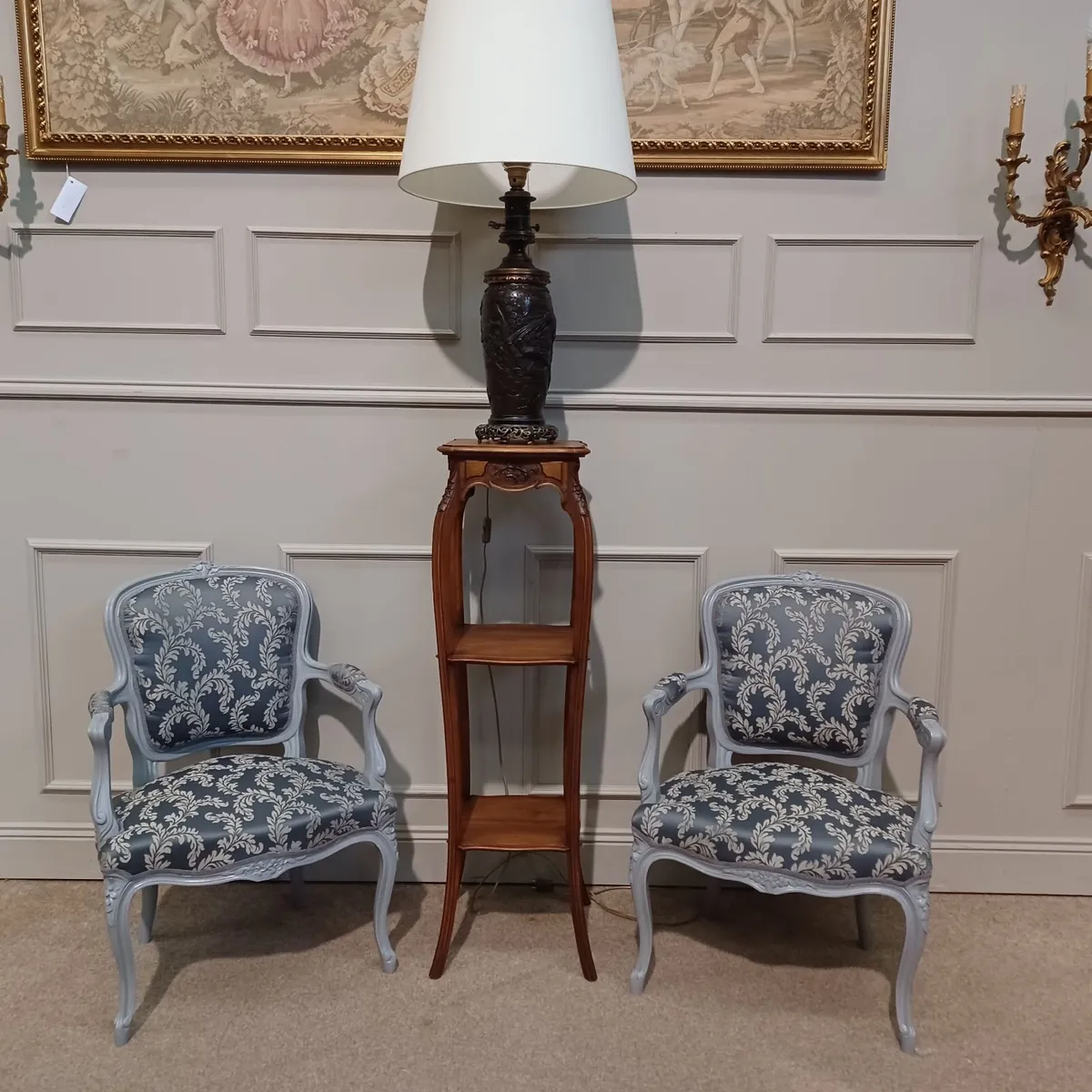 Two grey armchairs, a plant stand, and a lamp - Image 2