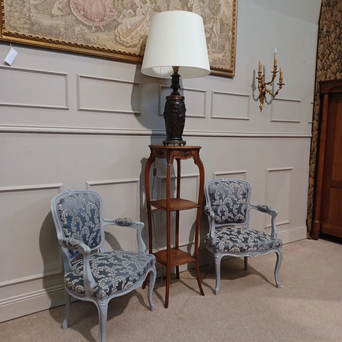 Two grey armchairs, a plant stand, and a lamp - Image 3