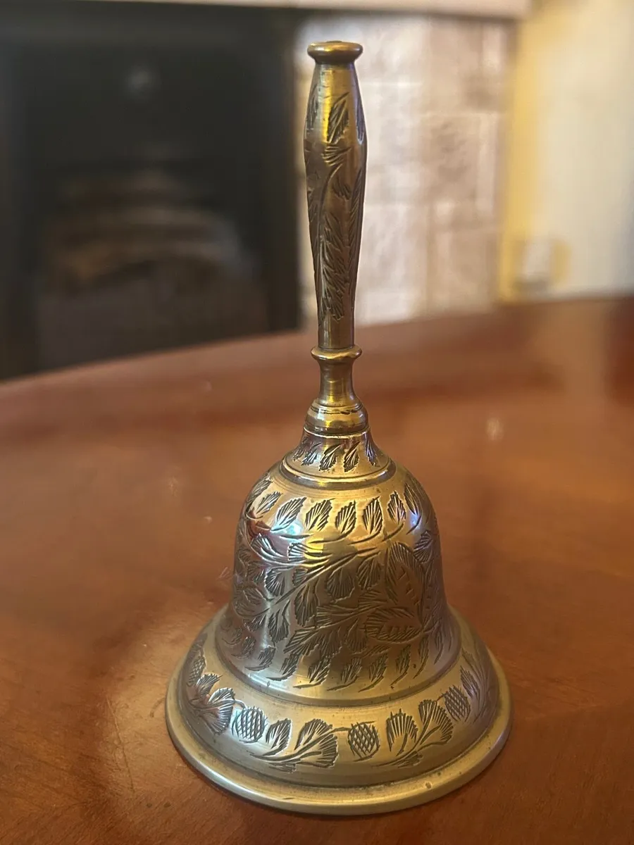 Vintage Engraved Brass Hand Bell – Floral Design - Image 1
